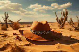 ai generado Desierto elegante un sombrero descansa graciosamente en el arenoso terreno foto
