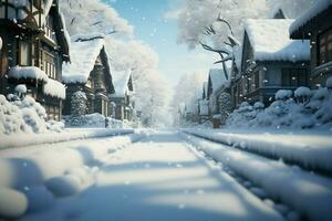 AI generated Snow covered serenity a quiet street with soft flakes gently falling photo