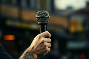 ai generado urbano discurso mano sostiene micrófono, listo para ciudad cuentacuentos foto