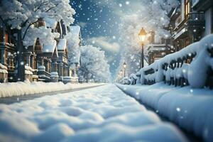 AI generated Snow kissed street quiet and serene, soft snowflakes gently descend photo