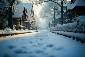 AI generated Serene snow scene a quiet street draped in soft, falling flakes photo