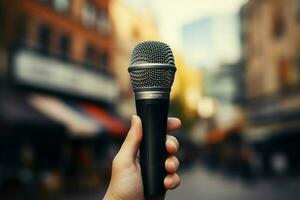 AI generated Mic in hand Urban narrative captured through the microphone lens photo