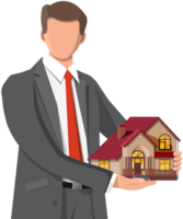 Businessman holding house building and key. png