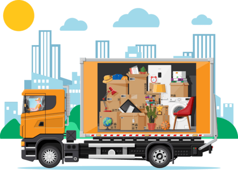 leverans lastbil full av Hem grejer inuti. png