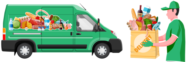 consegna furgone pieno di cibo e Corriere. png