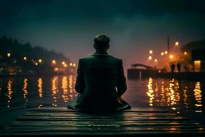 AI generated Nighttime reflection suited man sits on dock edge, contemplative solitude photo