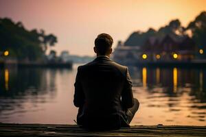 AI generated Dockside reflection man in suit contemplates by the waters edge photo