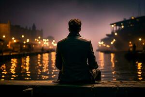 AI generated Reflective night suited man sits at dock edge in contemplation photo