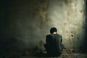 AI generated Desperate solitude Man seated by the wall, grappling with lifes struggles photo