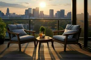 AI generated Balcony tranquility chairs provide a perfect city view for relaxation photo