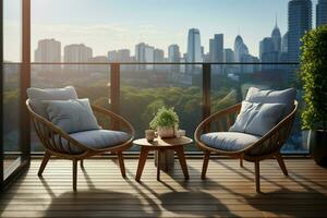 AI generated Urban retreat balcony chairs positioned for relaxation with a cityscape photo