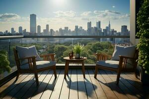 AI generated City view seating balcony chairs offer a serene urban panorama photo