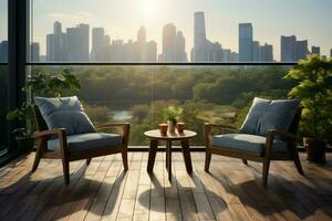 AI generated City view seating balcony chairs offer a serene urban panorama photo