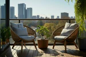 AI generated City balcony oasis chairs positioned for relaxation, capturing urban views photo