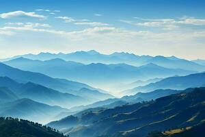 AI generated Clear blue sky frames a serene morning view of mountains photo