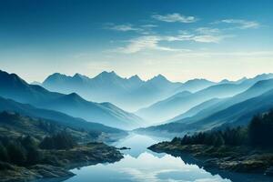 ai generado naturalezas calma Mañana montañas en contra un lona de claro azul foto