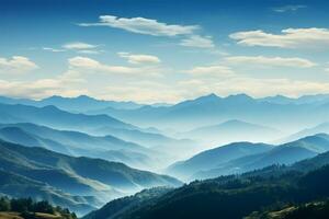 ai generado Mañana serenidad montañas estar en contra un claro, azul cielo fondo foto