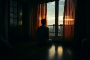 AI generated Silhouetted solitude man alone, staring at closed curtains in bedroom photo