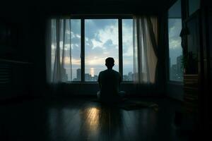 ai generado solitario contemplación un hombre silueta miradas a cerrado dormitorio ventana foto