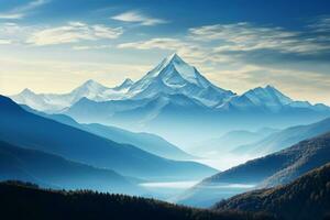 AI generated Mountains in the morning light under a backdrop of clear blue photo