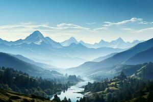AI generated Natures calm morning mountains against a canvas of clear blue photo