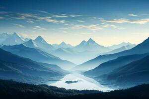 AI generated Natures calm morning mountains against a canvas of clear blue photo