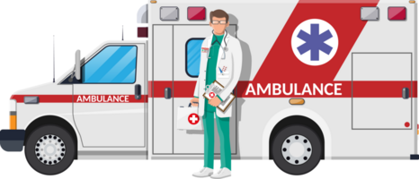 Ambulance staff concept. Car and doctor png