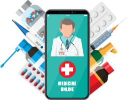 Hand holding phone with internet pharmacy app png