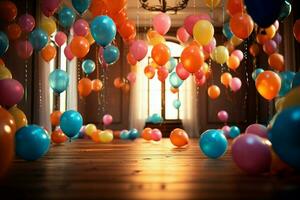 AI generated Party ambiance Colorful balloons accentuate a vibrant birthday themed environment photo