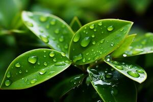 AI generated Glistening beauty Water droplets adorn green leaves, sparkling in sunlight photo