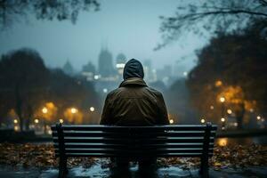 AI generated Bench solitude person embraces rainy weather against city backdrop photo