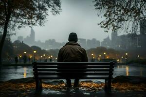AI generated Rainy day repose person on a bench, city view obscured photo