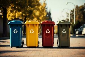 AI generated Sustainable order Colorful recycling bins organized in an environmentally conscious row photo