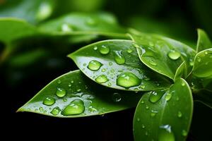 AI generated Glistening beauty Water droplets adorn green leaves, sparkling in sunlight photo
