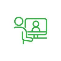people working from home on their computer communicating with their colleagues in on a online server with digital files in modern green lines as a eps10 vector line art icon