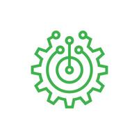 eps10 green Technology gear concept business vector logo template design. Cogwheel mechanic outline sign. Computer network SEO line art icon isolated on white background. Search engine optimization.