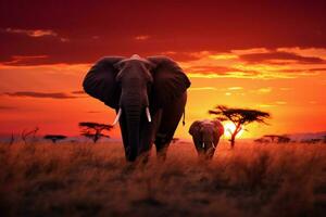 AI generated Beautiful dusk Elephants enjoy grassy feast in African savannah at sunset photo