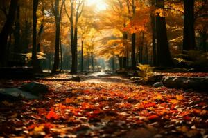 AI generated Autumn bliss sunlight paints a serene scene through colorful forest leaves photo