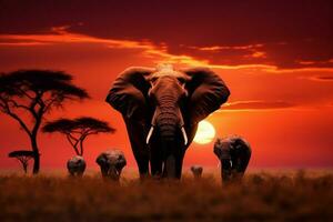 AI generated Beautiful dusk Elephants enjoy grassy feast in African savannah at sunset photo