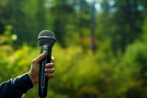 AI generated Eco awareness Hand and microphone against a natural forest, conveying urgency photo