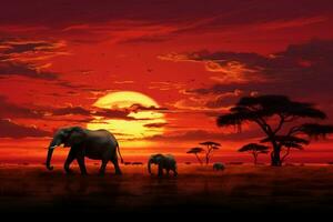 AI generated African horizon Elephants peacefully graze during a stunning savannah sunset photo