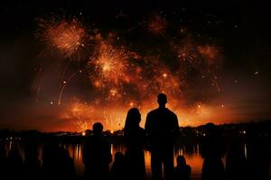 AI generated Night enchantment Silhouettes captivated by the magic of bursting fireworks photo