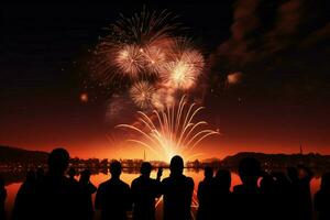 ai generado celestial espectáculo pueblos siluetas admirar fuegos artificiales, un deslumbrante noche monitor foto