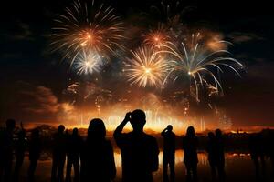 AI generated Celestial show Peoples silhouettes admire fireworks, a dazzling night display photo