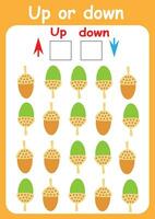 Up or down. Directions for children. Logic game. Spatial orientation. Study sheet. vector