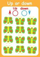 Up or down. Directions for children. Logic game. Spatial orientation. Study sheet. vector