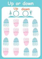 Up or down. Directions for children. Logic game. Spatial orientation. Study sheet. vector