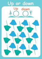 Up or down. Directions for children. Logic game. Spatial orientation. Study sheet. vector