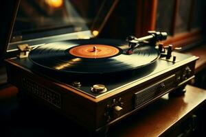 AI generated Timeless melody vintage vinyl turns on an antique record player photo