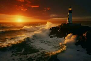 ai generado acantilado centinela costero faro gracias escabroso acantilados en el puesta de sol foto